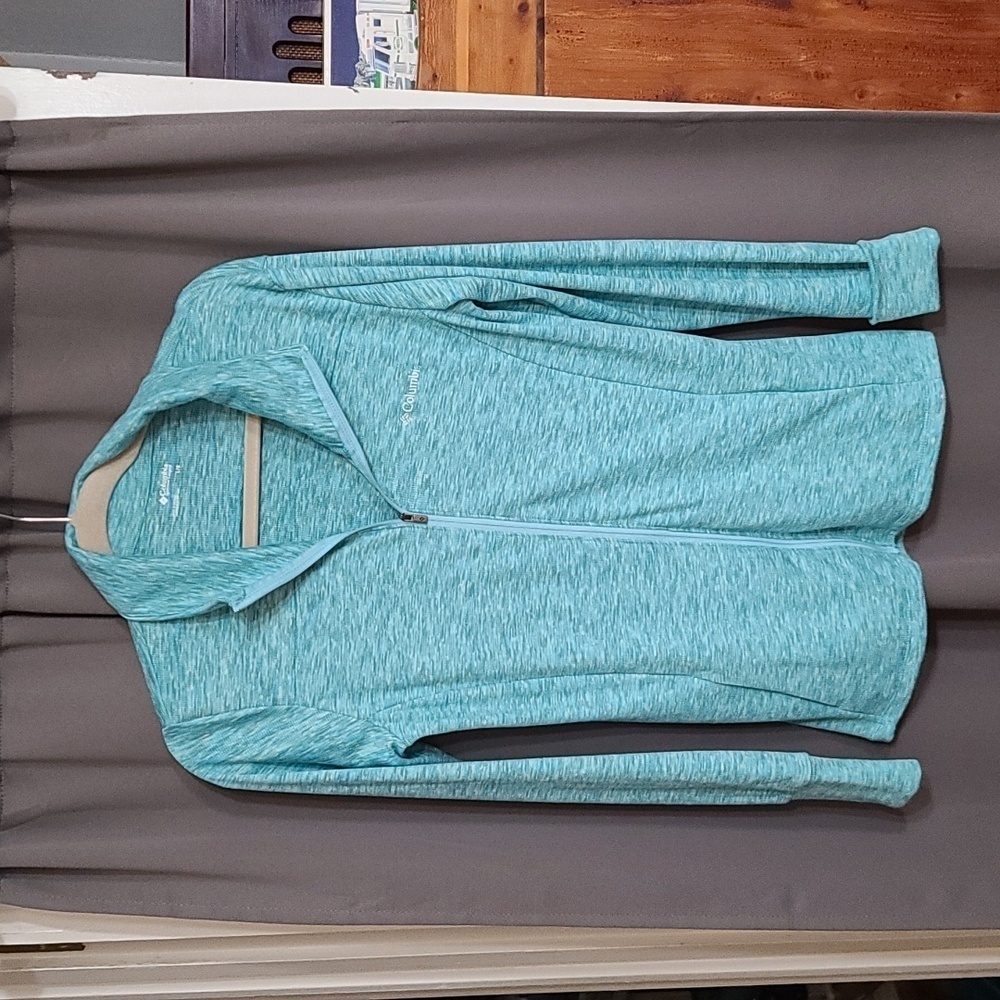 Columbia Womens Jacket Aqua Gray Zip Front Pockets‎ Fitted Lightweight L EUC